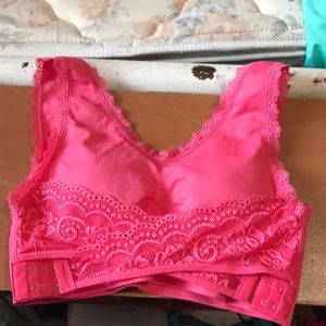pink lace bra with two cross straps